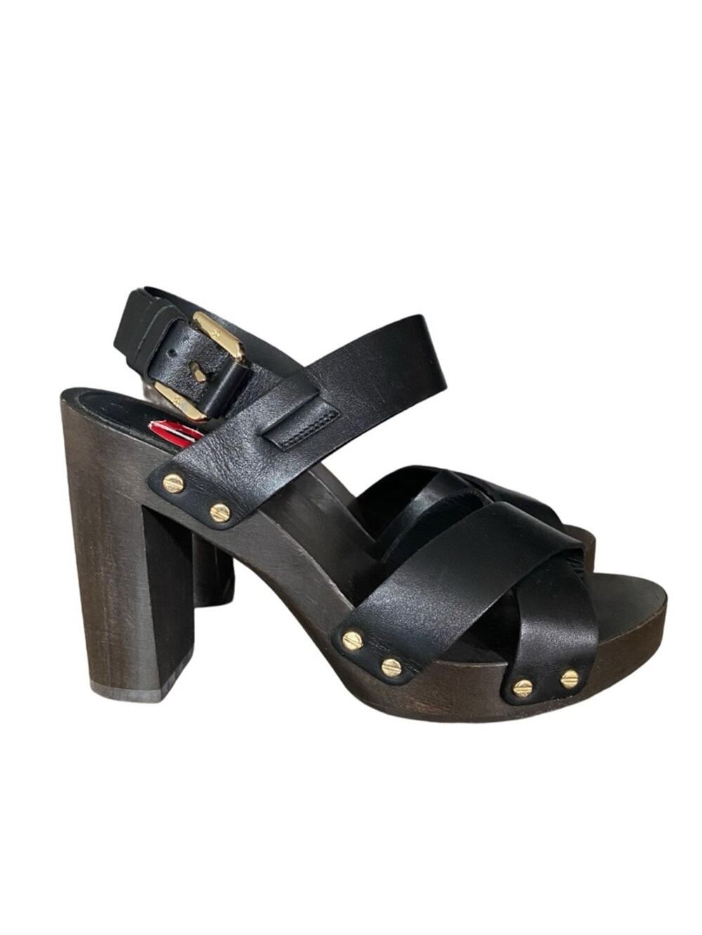 Massimo Dutti Black Leather Platform Gold Studded Sandals Heels Wood 36 US 6